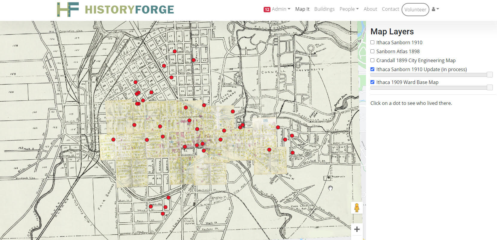 HistoryForge website image. Map layer from the City of Ithaca 1909. 