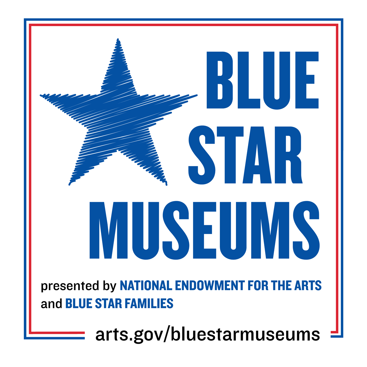 Logo for Blue Star Museums. Text underneath: "presented by NATIONAL ENDOWMENT FOR THE ARTS and BLUE STAR FAMILIES arts.gov/bluestarmuseums"