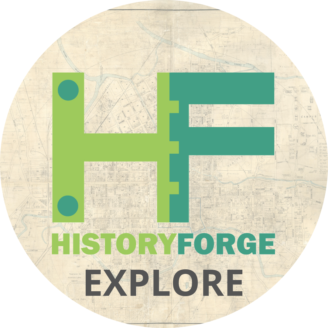 A circular image of the HistoryForge logo on a map with text that says "HistoryForge Explore"