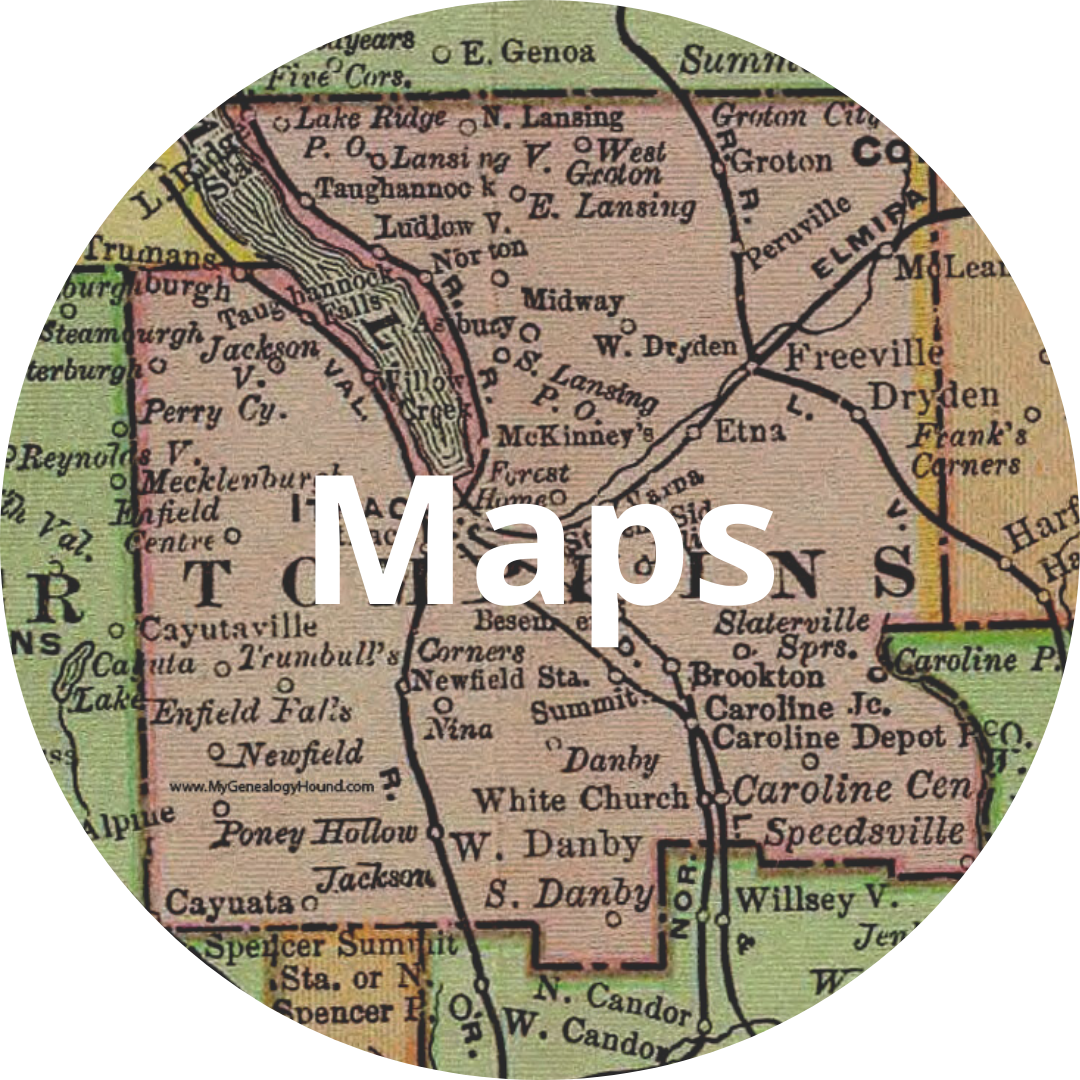 Circular image of a map, text button "Maps"