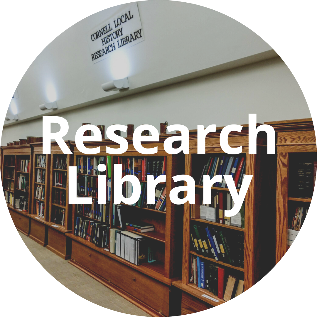Circular image, text button "Research Library"