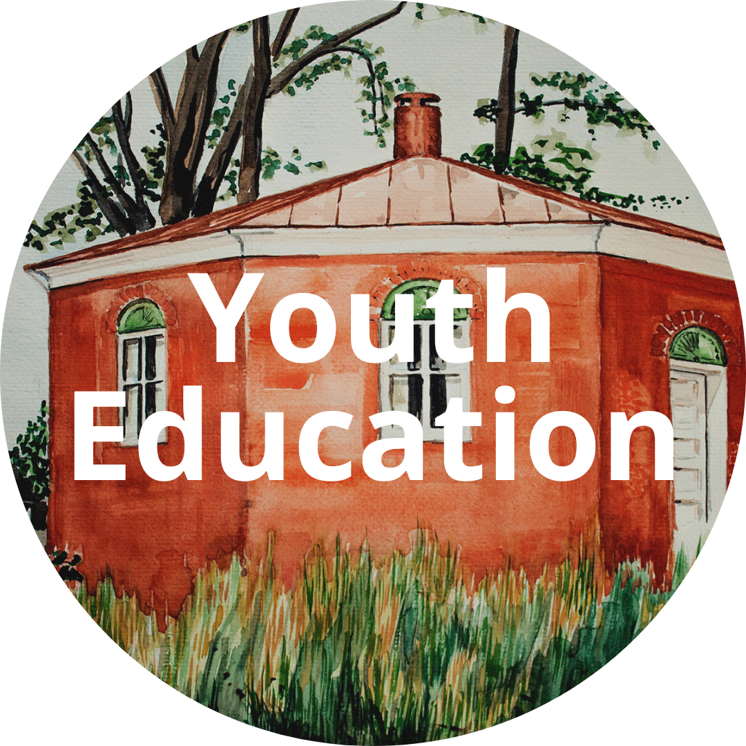 A circular image of a red-brick schoolhouse with text that says "Youth Education"
