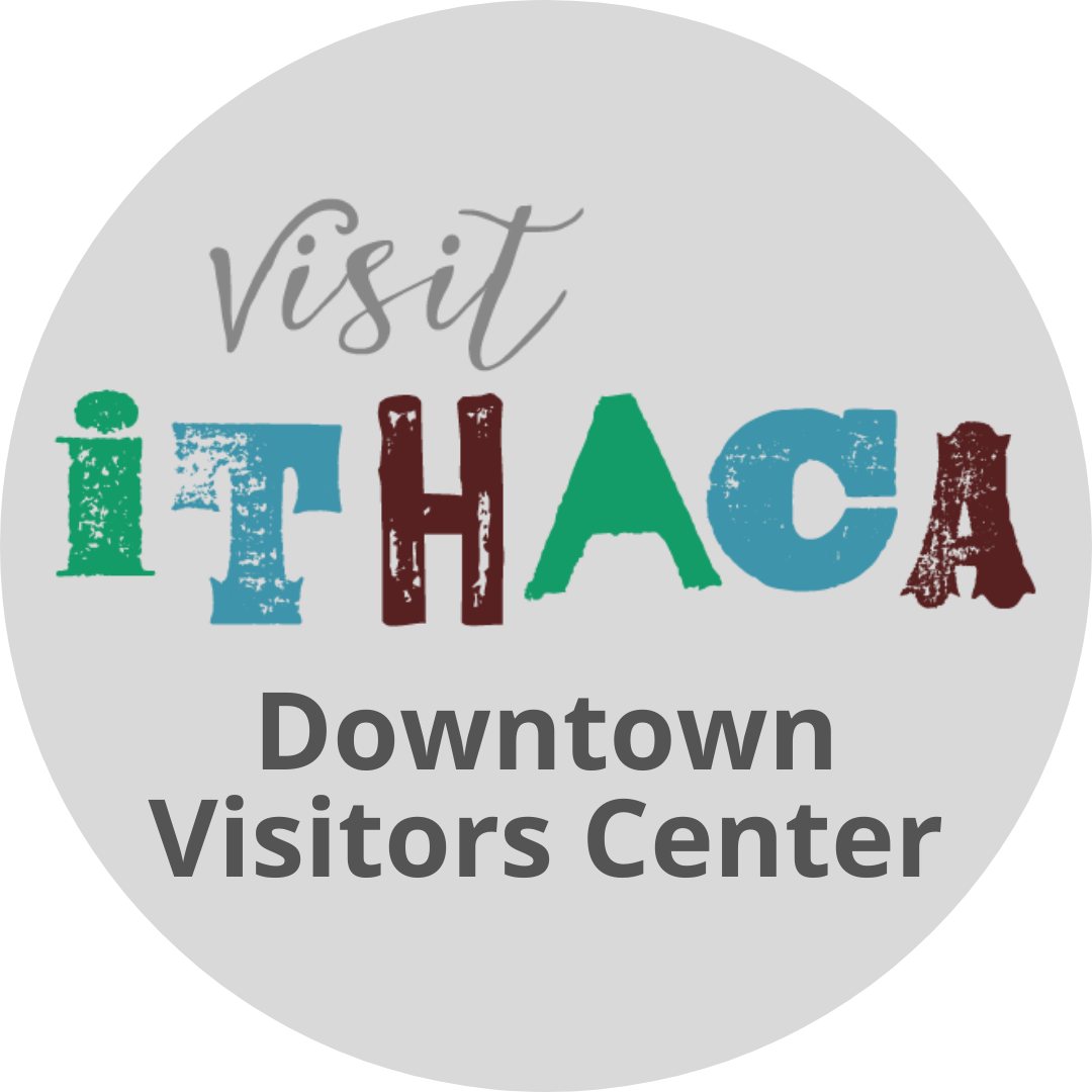 A circular image that says "Visit Ithaca Downtown Visitors Center"