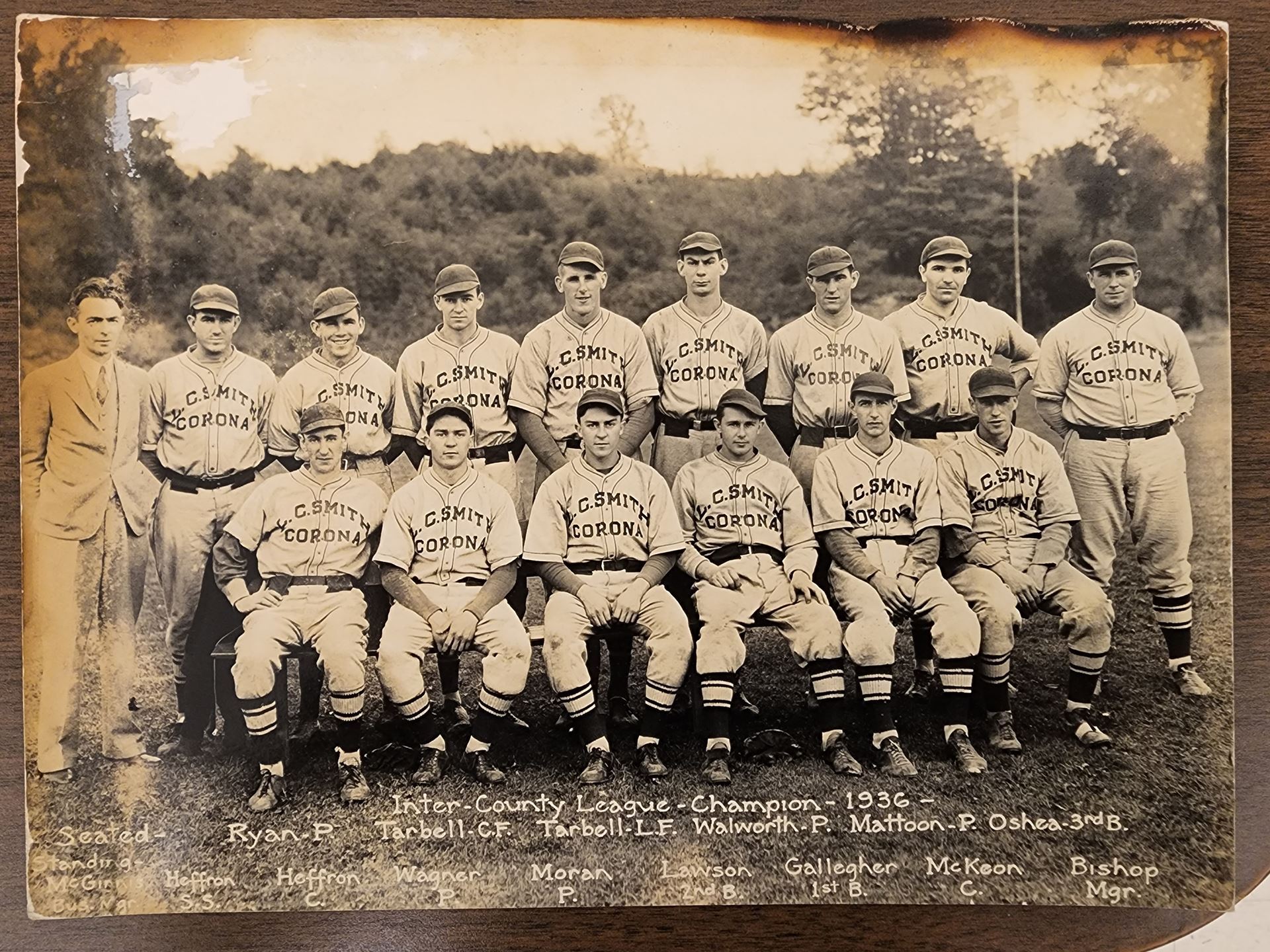 Image of the 1936 Inter-County League Champions of the L. C. Smith Corona League. The baseball team is arranged in two rows, and the player names are written on the bottom of the image.