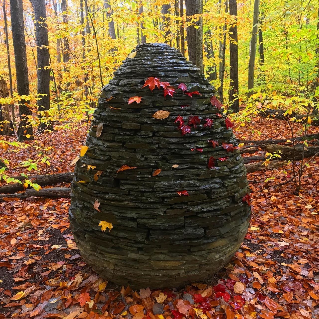 "Sapsucker Cairn" by world famous artist Andy Goldsworthy, a former A.D. White Professor at Large for Cornell University. This sculpture is located in Sapsucker Woods Sanctuary. Image taken in fall of 2020 by Zoë Van Nostrand.  