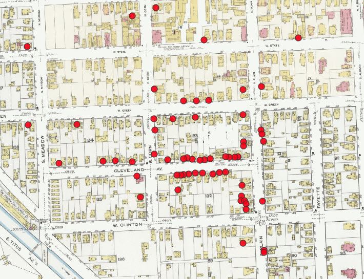 Each red dot references a self-identified Black individual or family living in the building in the 1930 census. The area shown is the Southside Neighborhood. You can see the names, ages, professions and more of each individual by exploring their census records.  
