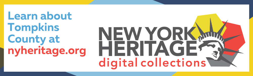 A graphic that reads "Learn about Tompkins County at nyheritage.org" and features a logo for "New York Heritage digital collections".