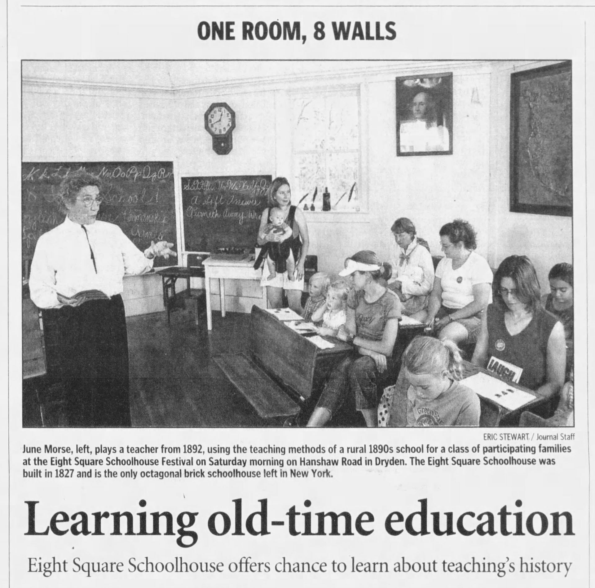 Newspaper article titled “Learning old-time education” with an image of families participating in the eight square schoolhouse learning experience