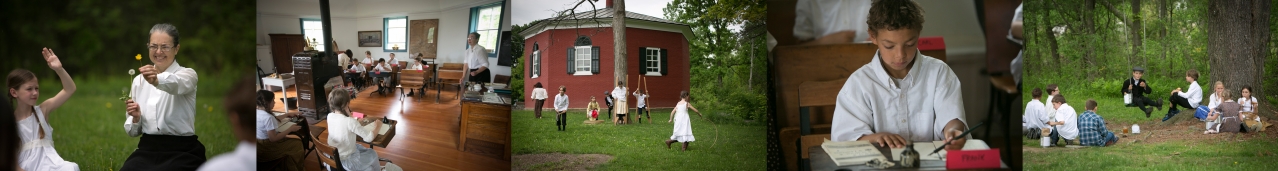 A rectangular collage of students at the Eight Square Schoolhouse.