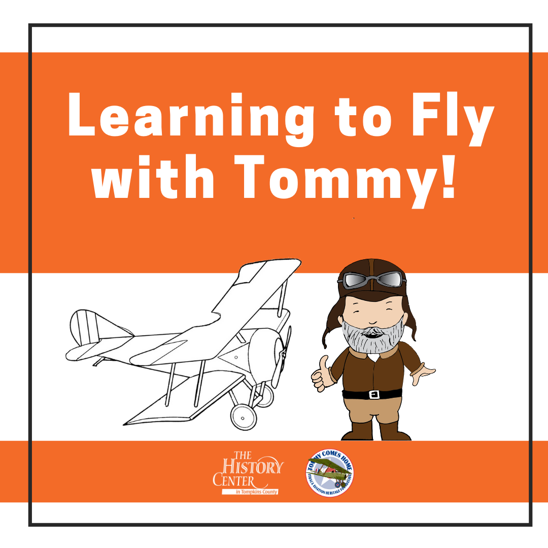 A rectangular image that says "Learning to Fly with Tommy". Features a graphic of a tommy plane and flight instructor.